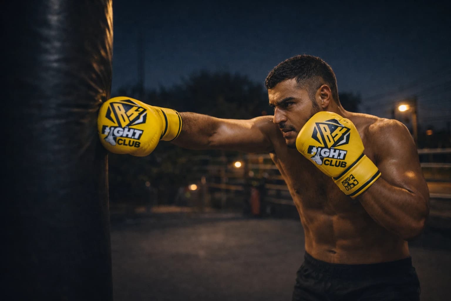 Boksör gece antrenmanında kum torbasına yumruk atıyor — BK Fight Club Ataşehir